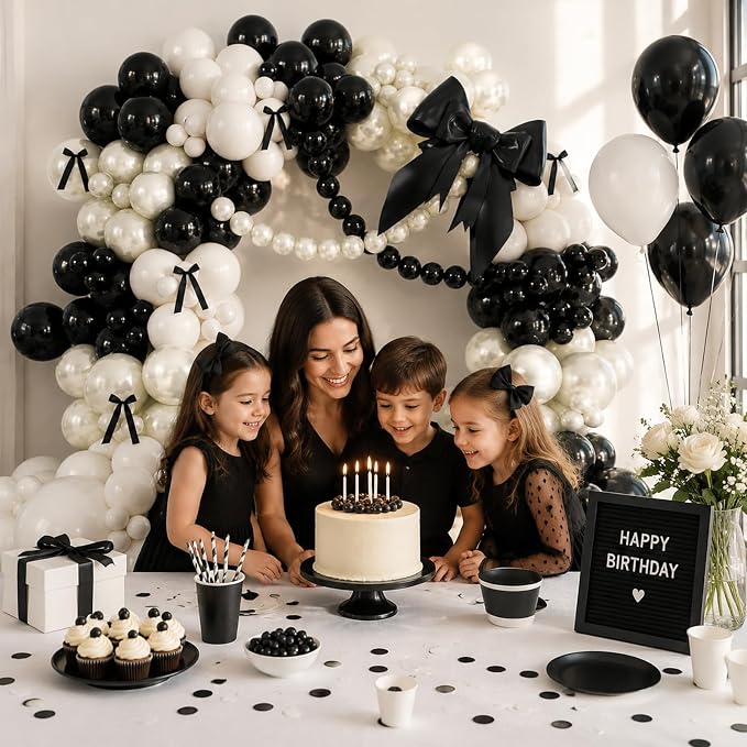 Black Bow Balloon Arch Kit, Double Stuffed Black White Bow Coquette Birthday Decorations for Bachelorette Bridal Shower Wedding Engagement Prom Party Decorations with Pre-Tied Bows