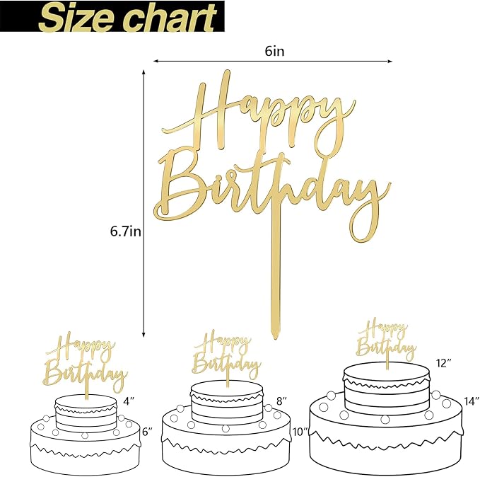 Happy Birthday Cake Topper, Gold Acrylic Durable Versatile Cake Topper, Birthday Supplies Decorations (Gold)