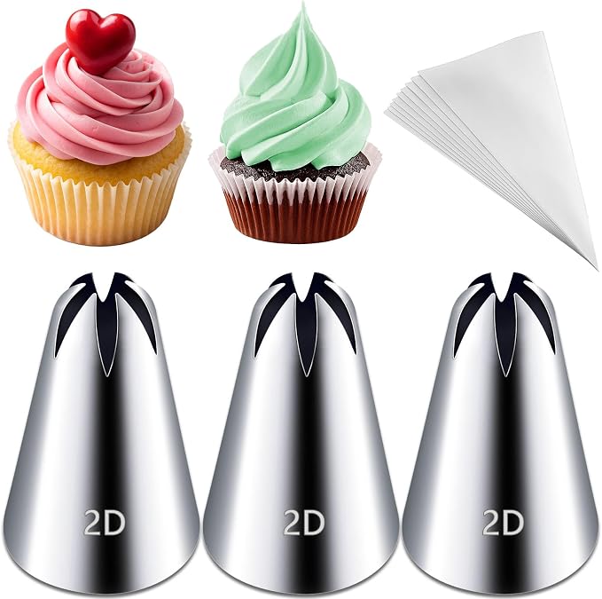 Hendiy 3pcs 2D Cake Piping Tips with 20 Piping Bags | Large Piping Nozzles, Cookie Icing, Cupcakes, Buttercream, DIY Art