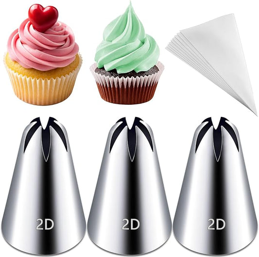 Hendiy 3pcs 2D Cake Piping Tips with 20 Piping Bags | Large Piping Nozzles, Cookie Icing, Cupcakes, Buttercream, DIY Art
