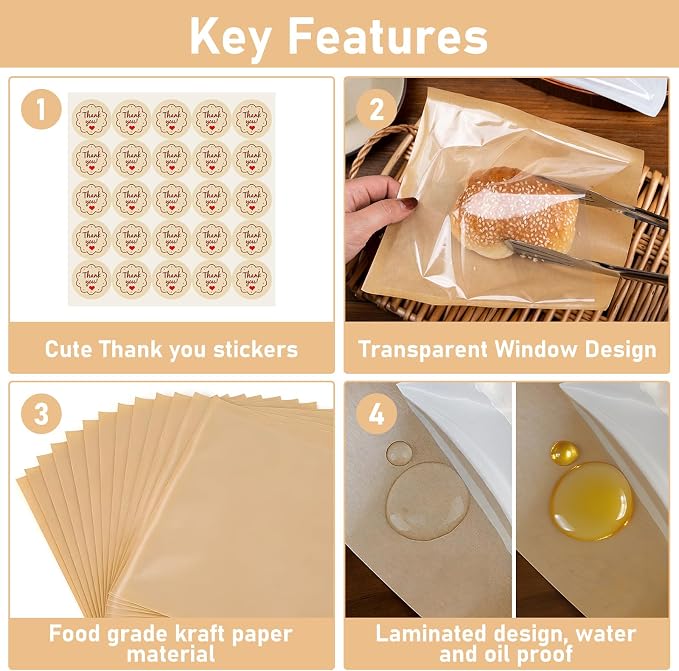 160 Pack Cookie Bags for Packaging with Seal, 7.5 x 7.1 Inch Bakery Bags with Window, Grease Resistant Donut Bags To Go for Cookies Packaging Treat, Scone, Brownie, Snacks