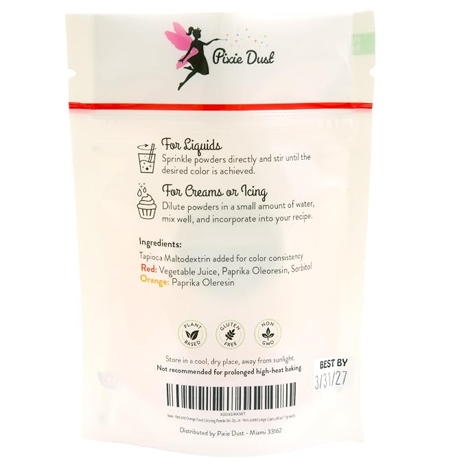 Dye-Free Red and Orange Food Coloring Powders Set | Perfect for cake decor, cookie Frosting, Icing & Drinks | All- Natural, Plant-Based, Kosher, Flavorless | No Carmine, No Annatto | By Pixie Dust | 2 Jars (0.40 oz / 11g Each) 22gr Total.