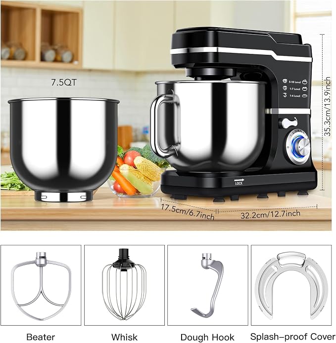 GarveeHome 7.5QT Stand Mixer, 10-Speed Tilt-Head Electric Food Mixer with Stainless Steel Bowl, 660W Motor, Dough Hook, Whisk & Beater, Compact Design for Home Baking,Black