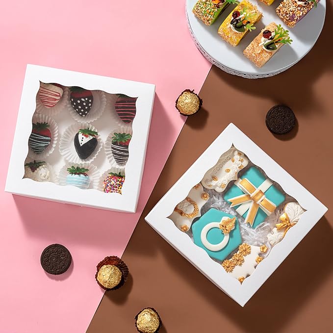 RomanticBaking 24 Pack Bakery Boxes (not include food) 7" x 7" x 2 1/2" White Chocolate Covered Strawberries Boxes Cookies Boxes