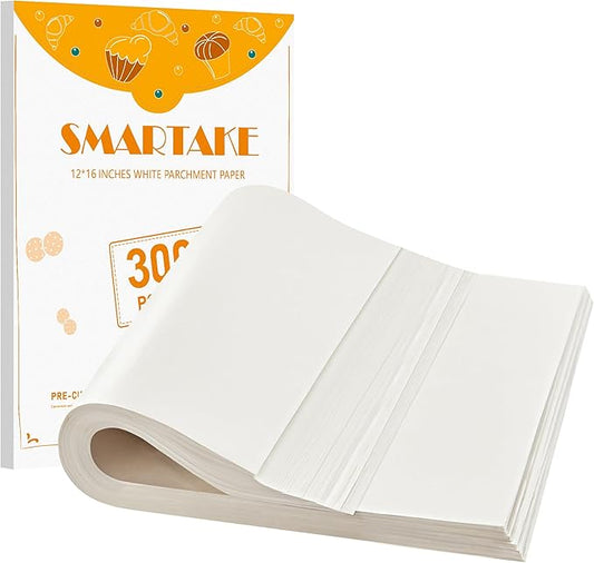 SMARTAKE 300 Pcs Parchment Paper Baking Sheets, 12x16 Inch Pre-Cut Baking Parchment, Non-Stick Kitchens Cookie Baking Paper, for Oven Grilling Air Fryer Steaming Bread Cake Cookie Meat Pizza (White)