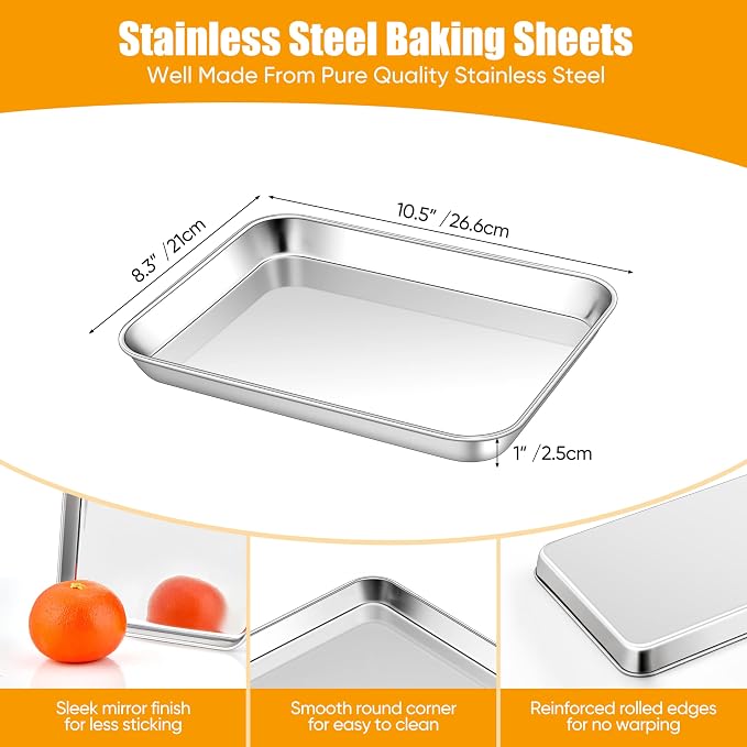 Homikit 4 Pack Baking Sheet, 10x8 Inch Stainless Steel Cookie Tray Set for Cooking Toasting, Small Metal Toaster Oven Baking Pan Non Stick, Rustproof & Mirror Finish, Dishwasher Safe