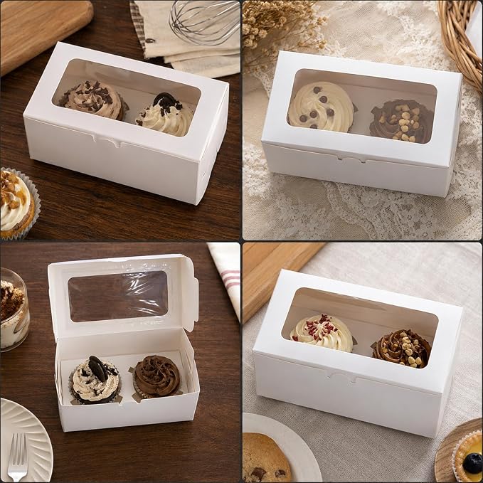 18 Pack White 2-Cavity Cupcake Boxes with Clear Window, 6.3 x 3.54 x 2.95 in Paper Treat Boxes with Inserts, 2-Cupcake Holders for Muffins, Cookies, Mini Cakes, Bakery Gifts and Parties