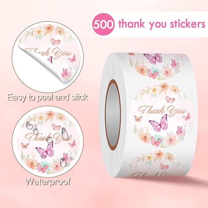 Heyfibro 500 PCS 1.5 Inch Thank You Stickers for Small Business, Baking, Gifts, Envelopes, Weddings (Butterfly)