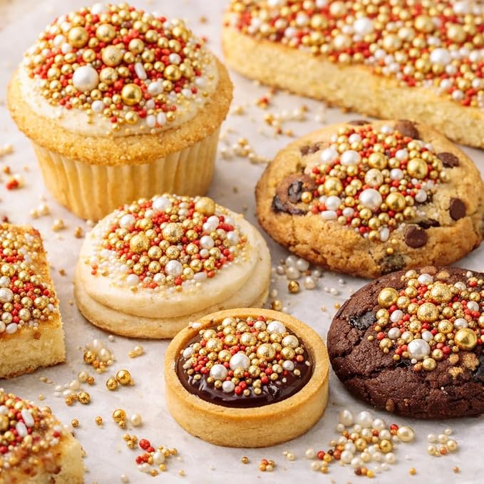 Confect Red, White & GRed White Gold Sprinkle Mix – Bake Stable Non Bleeding Edible Pearls & Metallic Dragees for Cake Decorating, Cupcakes, Cookies & Desserts (4.2 oz)