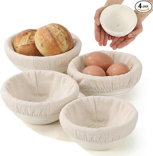 Mini Sourdough Basket Set of 4 Banneton Bread Proofing Basket 5 Inch Round Small Proofing Baskets with Cloth Liner, Rattan Baking Supplies for Artisan Bread
