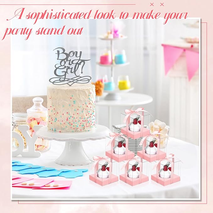 Thenshop 50 Pcs Clear Cupcake Boxes Individual 3.5 Inch Plastic Single Cupcake Containers Boxes with Inserts and Ribbon Individual Cake Storage Holders for Cake Kitchen(Pink)