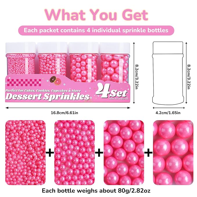 Pink Pearl Sprinkles for Cake Decorating, 11.3oz/320g Edible Pearls Sugar 4 Jars Set for Baking Cupcakes Cookies Ice Cream