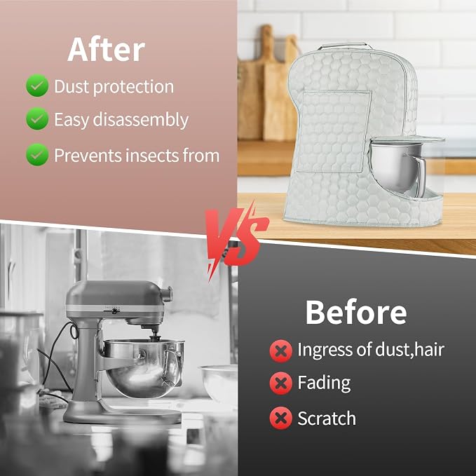 Stand Mixer Dust Cover Compatible with KitchenAid Mixer - Storage Bag for 6/7/8 Quart Bowl Lift with Pockets for Accessories and Attachments(Silver,Fits for 6-8 Quart）