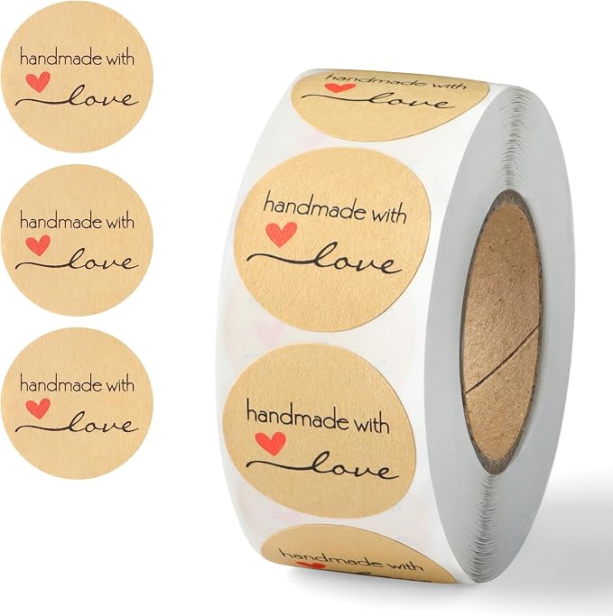 500PCS Handmade with Love Stickers, Kraft Made with Love Tags 1 Inch(25mm) Seal Labels Self-Adhesive for Baked Packaging Envelope Homemade Gift Small Business