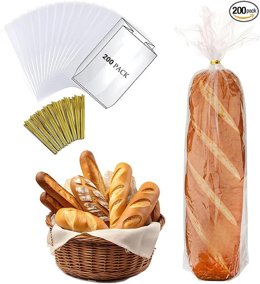 Reusable Bread Bags for Homemade Bread & Sandwich Bread ， 200 Pack Clear Plastic Storage Bags with Ties, Airtight Food Safe Design for Home Bakers and Bakeries（6"x2.4"x28"）