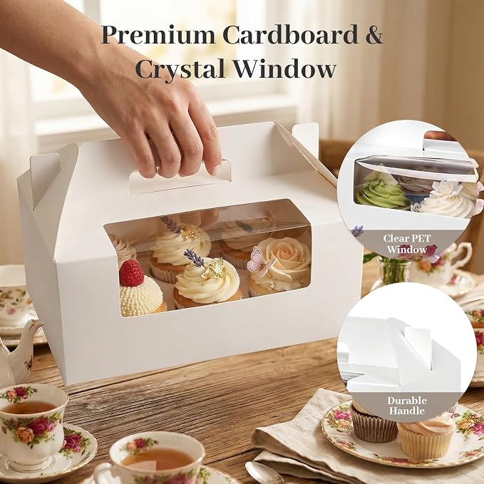 VGOODALL 6 Count Cupcake Boxes,8 Sets White Cupcake Containers with Window for Weeding Birthday Holiday Bakery Supplies Party Decorations 9.3" x 6" x 3.5"