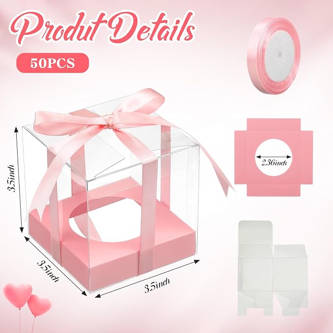 Thenshop 50 Pcs Clear Cupcake Boxes Individual 3.5 Inch Plastic Single Cupcake Containers Boxes with Inserts and Ribbon Individual Cake Storage Holders for Cake Kitchen(Pink)