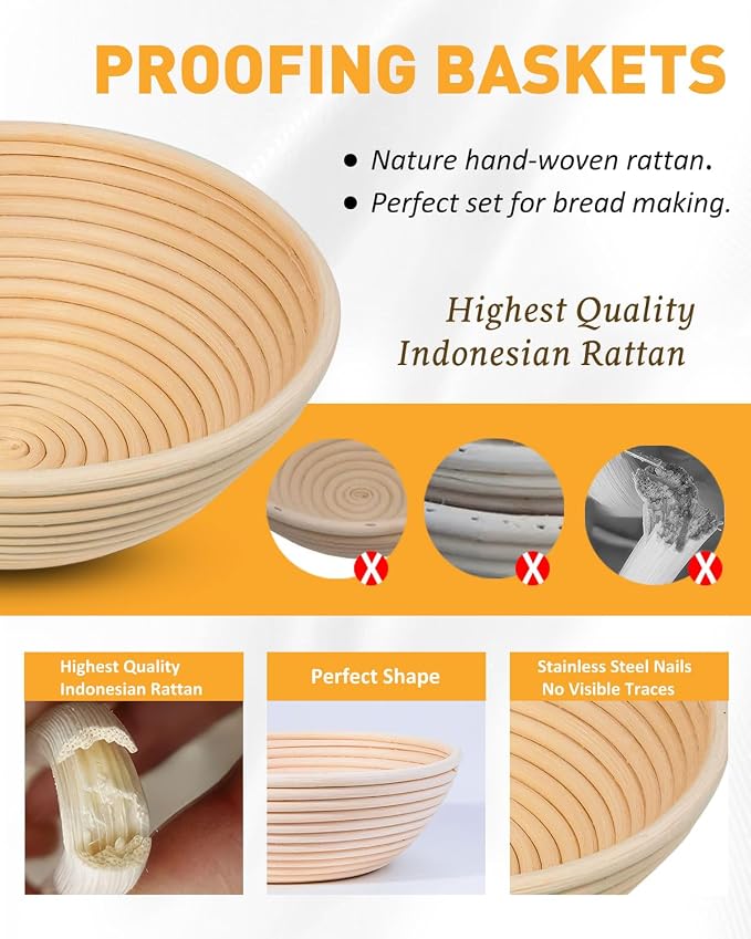 Banneton Bread Proofing Basket, Proofing Basket for Sourdough Bread Baking, Indonesian Rattan Bread Bowl Sourdough Bread Baking Supplies with Linen Liner (7" Round Basket x 2)