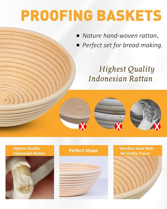 Banneton Bread Proofing Basket, Proofing Basket for Sourdough Bread Baking, Indonesian Rattan Bread Bowl Sourdough Bread Baking Supplies with Linen Liner (5" Round Basket x 3)