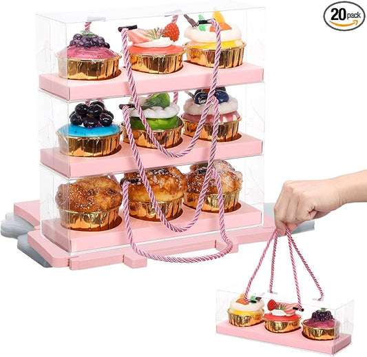 EUSOAR Clear Cupcake Boxes, 20 Pcs 9"x3"x3" Pink Portable Muffins Cupcake Containers 3 Compartments with Inserts, Rectangular Dessert Pastry Holder Cookies Wrappers for Birthday Wedding Party Bakery