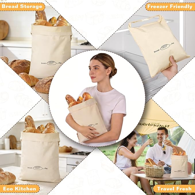 2 Pack Beeswax Bread Bags for Sourdough Homemade Bread, XL Reusable Bread Storage Bag, Organic Waxed Line and Linen Fabric Bread Bag for Home Bakers, Picnics Work or Gift-Giving