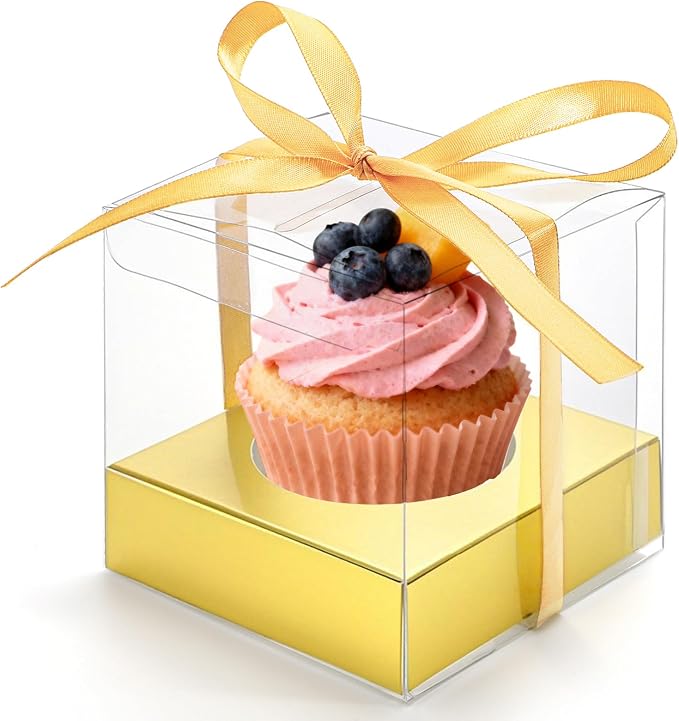 Cididu 48 PCS Clear Plastic Cupcake Boxes, 3.5 Inches Individual Cupcake Holder with Beige Ribbons Inserts, Disposable Single Ornament Gift Box Containers for Mother's Day Wedding Baby Shower Party