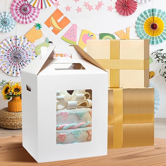 Wowxyz 4 Pack 2 Sizes Tall Cake Boxes for Tier Cakes 10x10x12 & 12x12x14 Inches Disposable Layer Baking Carrier with Window Large Tierd Bakery Take Out Transport Containers with Handle for Wedding