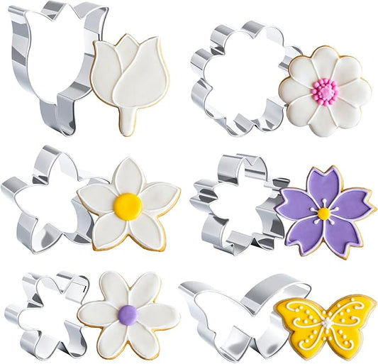 6PCS Flower Cookie Cutter Set, Summer Flowers Cookie Cutters-Daisy, Tulip, Butterfly, Biscuit Fondant Molds, Stainless Steel Cookie-Cutters, Christmas DIY Baking Tool
