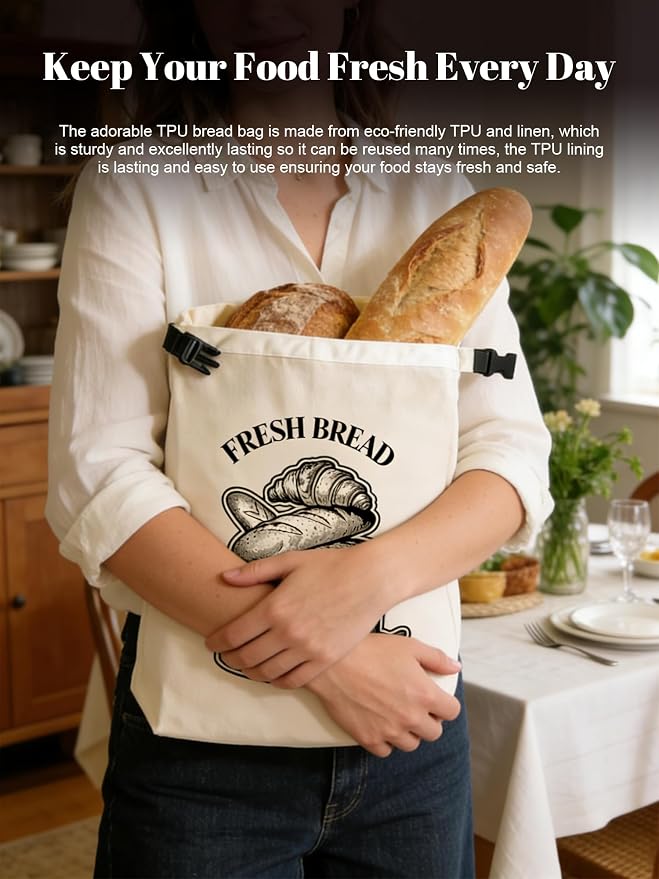Reusable Bread Bag for Homemade Bread, 17x13 Inch XL Linen Cotton Sourdough Bread Storage Bags with TPU Lining, Kitchen Essentials Sourdough Bag with Roll-top Buckle to Keep Fresh Longer