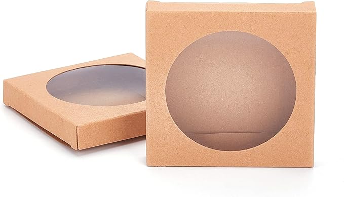 BENECREAT 24 Pack Brown Kraft Paper Boxes with Clear Window 3.5x3.5x0.6" Paper Gift Packaging Boxes for Wedding Party Candy Cookies Favor Treat