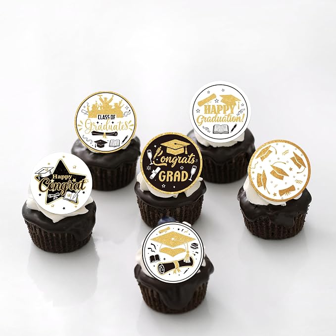63 PCS Edible 2026 Graduation Cupcake Toppers Wafer Paper Class of 2026 Cake Decorations Edible Diploma Congrats Grad Cap Cupcake Picks for Congratulations 2026 Graduation Theme Party Supplies Gold
