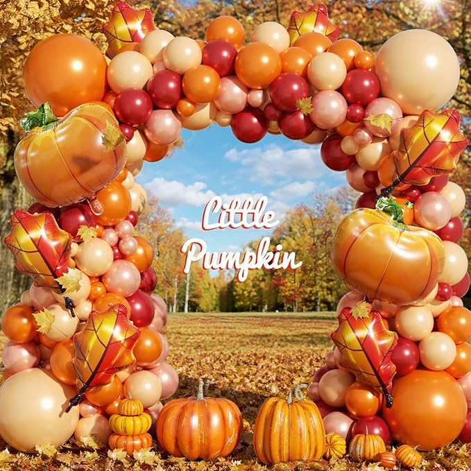 Fall Balloon Arch Garland Kit 172pcs with Leafs Pumpkins, Thanksgiving Balloons Arch Orange Nude Burgundy Rose Gold Balloons Different Sizes for Little Pumpkin Birthday Baby Shower Decoration