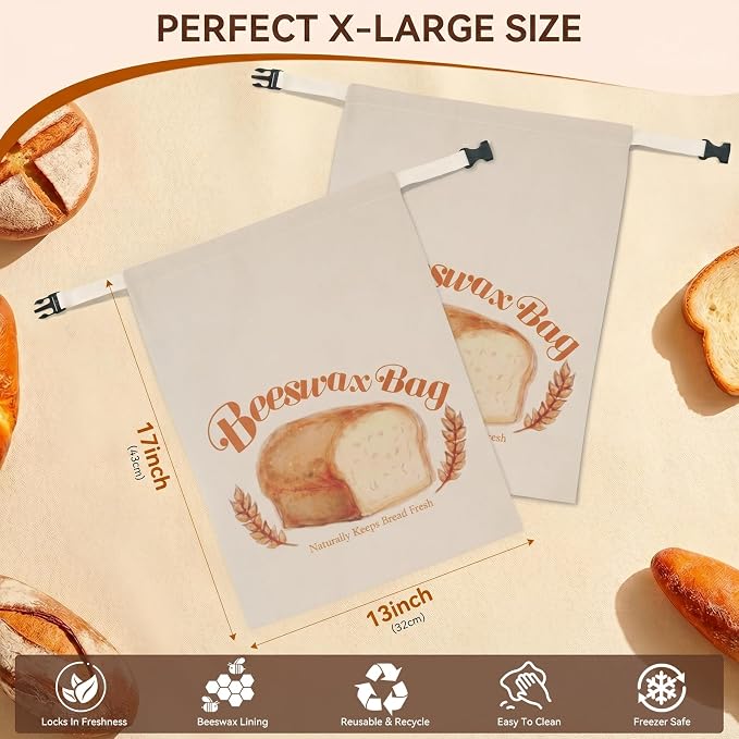 2 Pack Beeswax Bread Bags for Sourdough, Reusable Natural XL Linen Beeswax Bread Bag for Homemade Sourdough 17 x 13 Inches Freezer-Friendly Large Capacity Portable