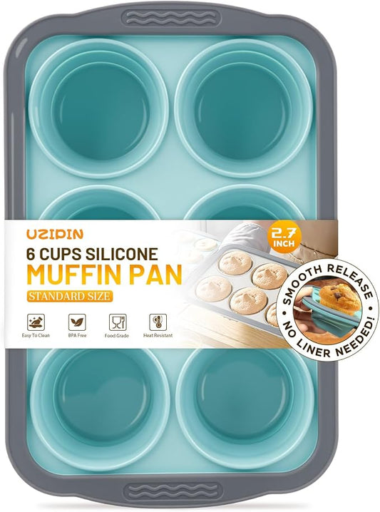 Silicone Muffin Pan, 6 Cups Non-Stick Cupcake Pan, Food-Grade BPA-Free Muffin Tin, Oven-Safe 450 °F, Reinforced Steel Frame, Easy-Grab Handles, Quick-Release 2.7" Baking Molds for Mini Treats