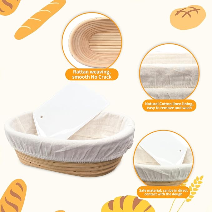 GEMLORD Oval Banneton Bread Proofing Basket Set of 8, 10 Inch Sourdough Proofing Bowl with Cloth Liner and Dough Scraper, Natural Rattan Sourdough Baking Basket for Home & Professional Bakers