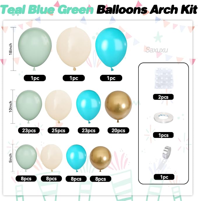 Teal Balloons Arch Kit, Teal Green Balloon Garland Arch Kit, Macaron Teal Blue Retro White Metallic Gold Balloons For Birthday Baby Shower Back To School Theme Party Wedding Decorations Supplies