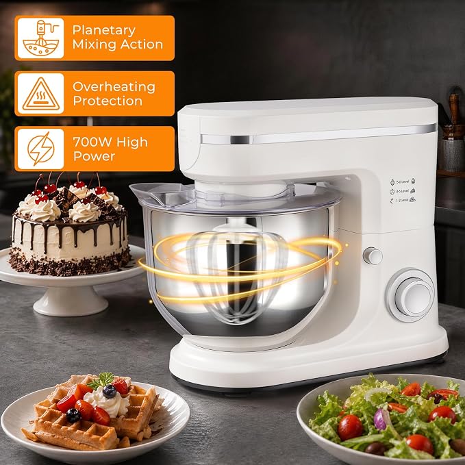 6.5QT Stand Mixer, 700W 6-Speed Tilt-Head Electric Stand Mixer, 3-In-1 Kitchen Mixer with Bowl, Dough Hook, Wire Whisk & Flat Beater, Perfect for Bakery, Cake, Bread and Home Baking