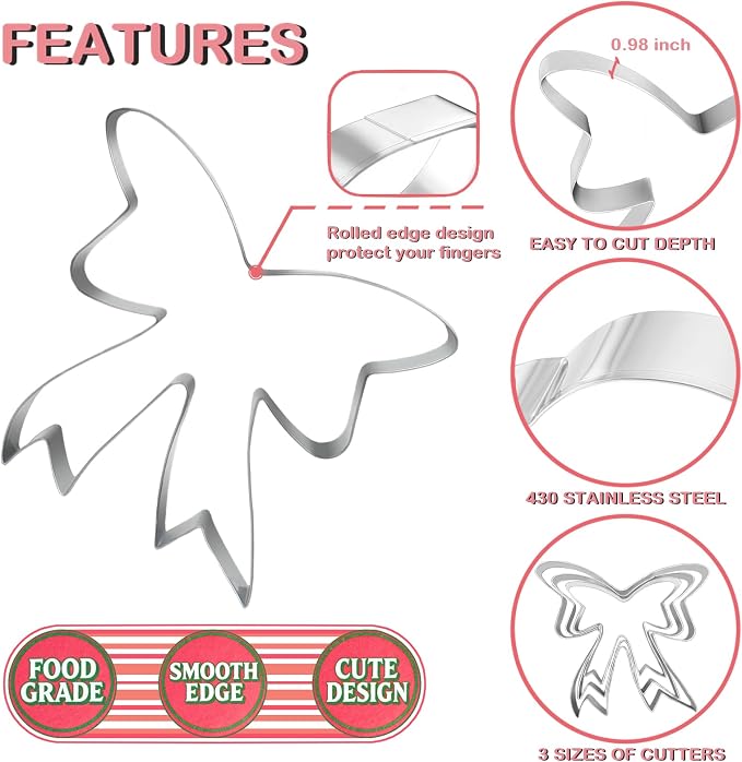 3 Piece Ribbon Bow Cookie Cutter Set,3" 3.5" 4.4" Stainless Steel Cookie Cutters for Baking Fondant Fruit Birthday Cake Decoration