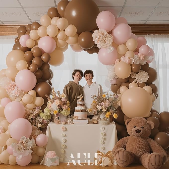 AULE Brown Balloon Arch Kit 155Pcs Coffee Brown Beige Light Pink Balloons Garland for Birthday Graduation Neutral Woodland Safari Anniversary Teddy Bear Baby Shower Theme Party Decoration