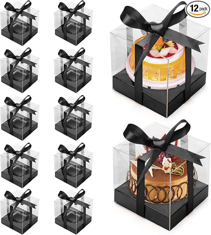 12 Pack Clear Plastic Cupcake Boxes, 3.5 Inch Gold Single Cupcake Containers Disposable Individual Cup Cake Carrier Holder Boxes with Inserts and Ribbon (Black)