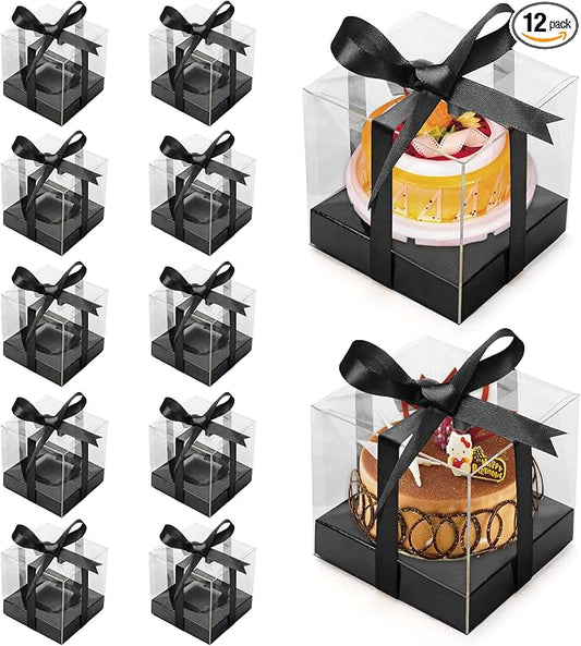 12 Pack Clear Plastic Cupcake Boxes, 3.5 Inch Gold Single Cupcake Containers Disposable Individual Cup Cake Carrier Holder Boxes with Inserts and Ribbon (Black)