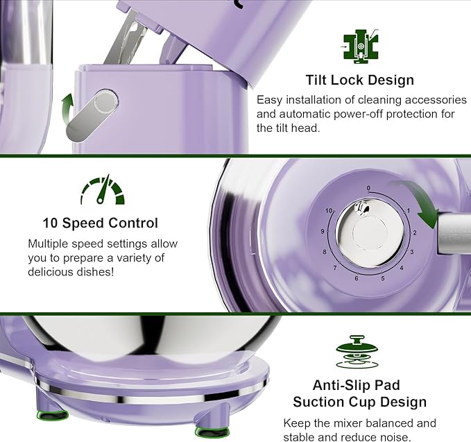 Camic Electric Stand Mixer,7.45 QT,10 Speeds with Dough Hook,Whisk, Flat Beater Attachments, Splash Guard, Easy-Carry Top Handle,3-IN-1 Kitchen Mixer for Baking Cakes Cookie Bread Salad (Purple)
