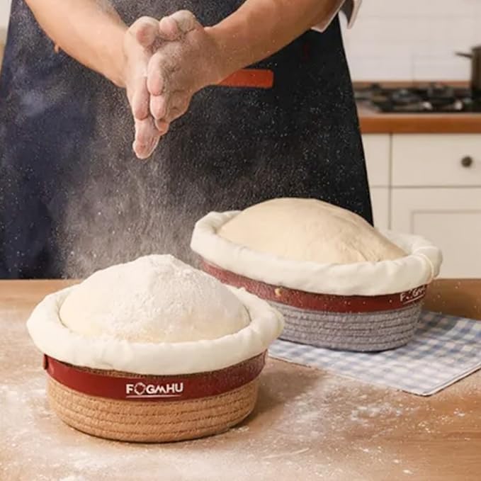 2-Pack Banneton Bread Proofing Baskets – Sourdough Starter Kit for Home Bakers, Cotton Rope Bannetons with Liners, Hanging Hooks, Dough Guide (9" Round & 10" Oval)