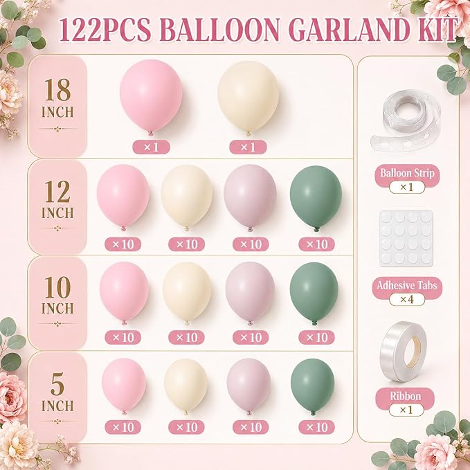 Dusty Pink and Green Balloon Arch Kit, 122Pcs Sage Green Macaron Dusty Pink Ivory White Matte Balloons for Girls Flower Birthday Bridal Wedding Engagement Floral Baby Shower Party Decorations