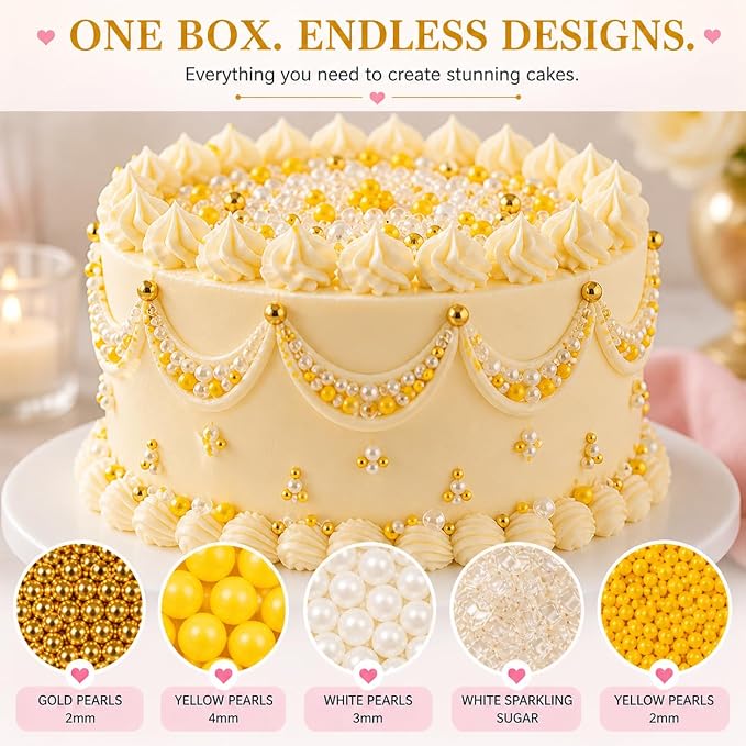 Confect Cake Decorating Sprinkles | Edible Pearl Mix Gold Yellow & White Dragees | White Sparkling Sugar | Edible Pina-Colada Disco Ball Mashup Sprinkles | Dairy-Free, Palm Oil-Free - 5 Oz