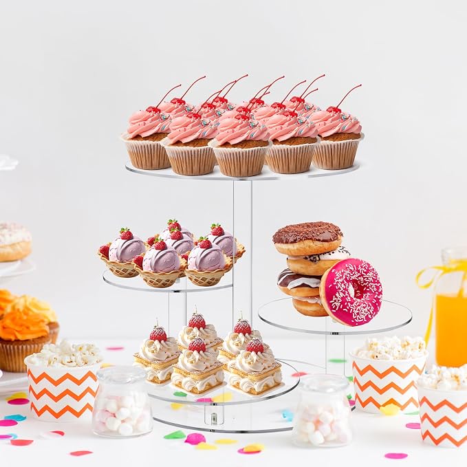 CECOLIC Acrylic Tiered Cake and Cupcake Stand, 4 Tier Dessert Pastry Display Tower Stand for Wedding, Birthday Bar, Graduation, Baby Shower, Afternoon Tea Party Décor