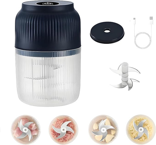 Cordless Multifunctional Electric Garlic Chopper,350ml Mini Food Processor with 6 Blades,USB Rechargeable 1-Touch Food Grinder for Garlic, Onion, Ginger, Chili (Blue,6 Blades)