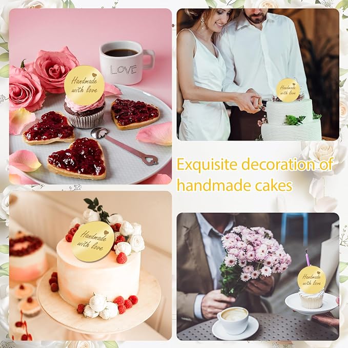 20Pcs Gold Handmade Cupcake Topper Acrylic Mirror Handmade Tags for Mother's Gift Gift Decorations Birthday Thanksgiving Party Favors Round Tags Decorations for Teacher Appreciation DIY Crafts