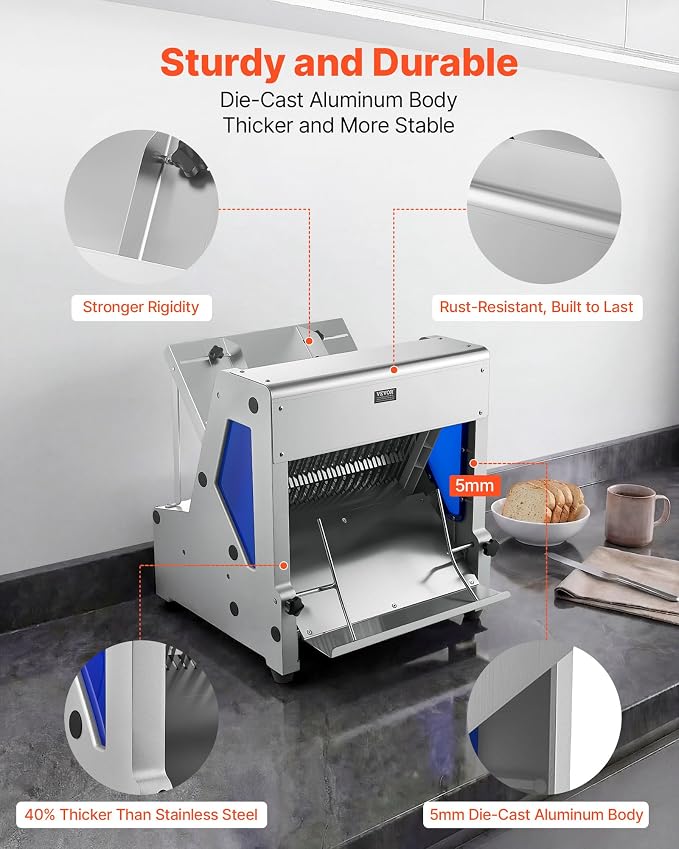 VEVOR Electric Bread Slicer, 370W Bread Slicing Machine, Die-Cast Aluminum Countertop Bread Cutter Machine for 12mm Slice Thickness, Commercial & Home Use for Bakeries Restaurants, 120V