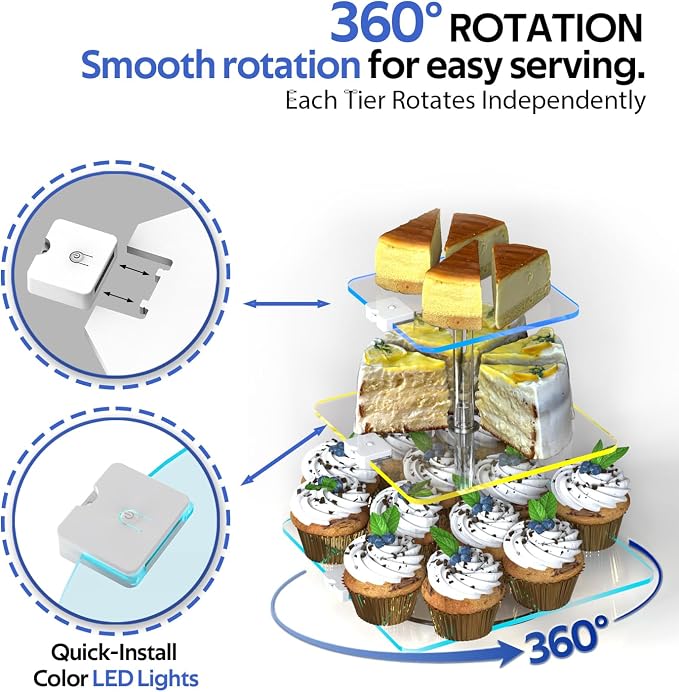 3-Tier Rotating Cupcake Stand with LED Lights - 360° Spinning Display Tower for Desserts, Cakes & Pastries - Rechargeable 7-Color Changing Serving Tray for Weddings, Parties & Festive Gatherings (Clear Acrylic)